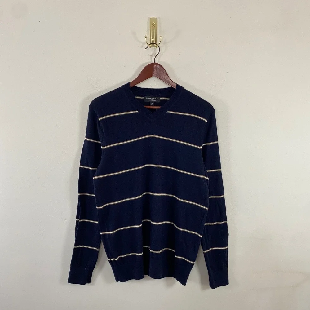 Banana‎ Republic Merino Wool Striped V-Neck Knit Sweater Navy Cream Mens Medium